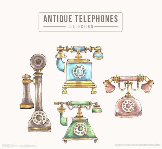 4款彩绘老式电话矢量素材设计图__绘画书法_文化艺术