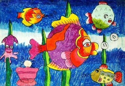 五颜六色的海鱼儿童画蜡笔画作品-61幼教网-98kb