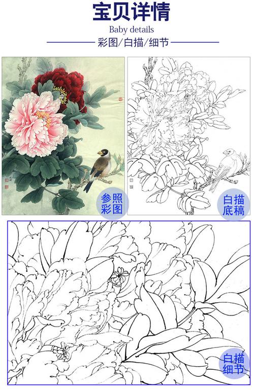 李晓明工笔牡丹白描底稿-二乔蜡嘴-k028