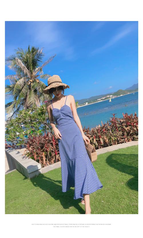 6081实拍女夏度假吊带裙长裙沙滩裙海边修身显瘦格子连衣裙鱼尾裙