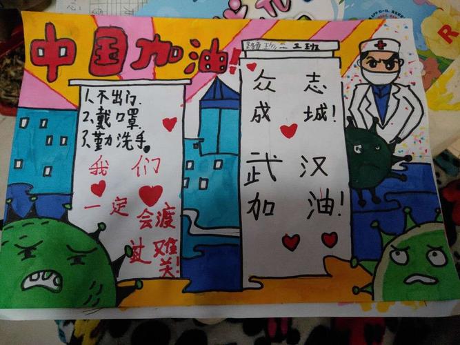 "小小画笔抗疫情"——经开区锦程小学生创作抗"疫"儿童画,宣传画为