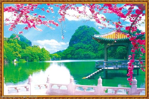 高清素材 行业工艺 关键词:湖水凉亭风景中堂画图片素材 山水风景中堂