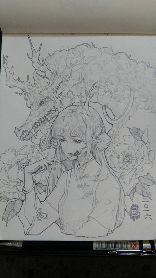 线稿铅笔稿手绘二次元动漫美少女漫画小清新彩铅橡皮章胶带画黑白绘画