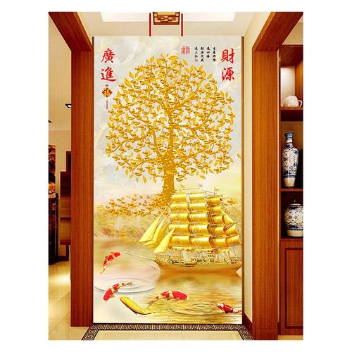 现代中式3d立体玄关壁画8d凹凸招财风水财源广进竖版过道走廊壁纸