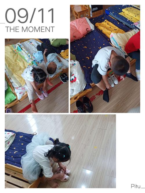 抓拍午睡时宝贝们自己脱鞋,并把鞋子摆放整齐哦!