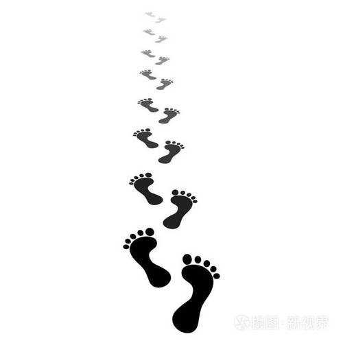 人类足迹.赤脚走在小径上的脚印, 超越地平线.透视小径.