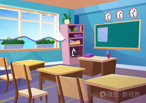 现代梯度平面矢量插画动画空校教室内部.教育类室学校概念背景