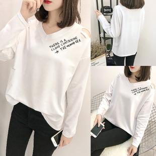 鸡心领长袖t恤女春秋学生个性前卫时尚潮流v字领流行女装单穿上衣