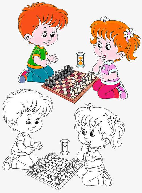 下国际象棋的男孩女孩卡通画