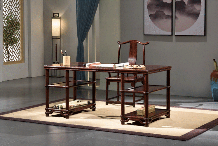 艺盟百胜赞比亚血檀书桌椅组合 书房全实木明式架几书