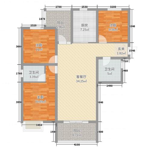 临泉和顺名都城3室2厅2卫1厨121.00㎡户型图