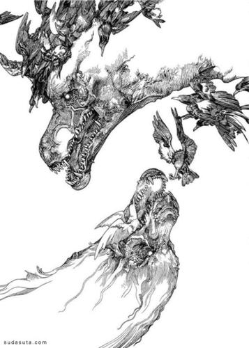 katsuyaterada手绘黑白插画欣赏黑白插画装饰画艺术日本手绘怪物传说