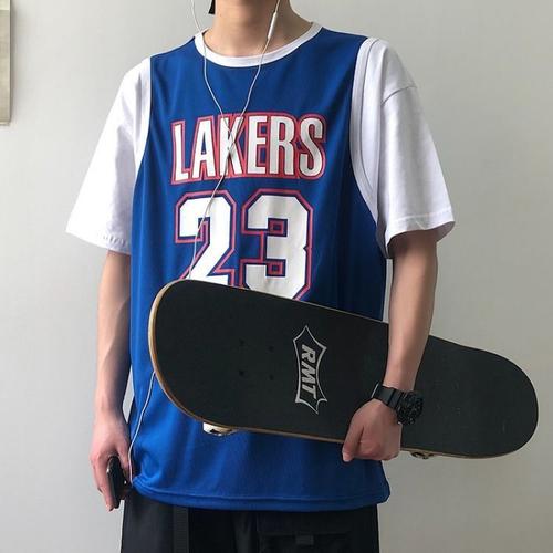 夏季篮球衣假两件背心潮流t恤短袖男学生韩版宽松半袖情侣装上衣威珺
