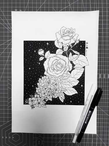 【每日一画】-"花团锦簇"(附过程图)_装饰画_铅笔_黑白线描装饰画