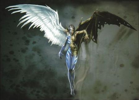 我要一张左边天使右边恶魔的合体图片,男的.