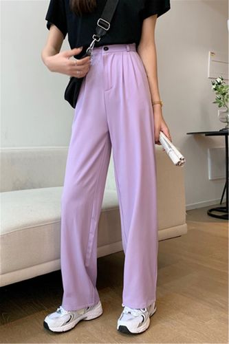 紫色西装阔腿裤拖地裤女2020夏宽松百搭高腰直筒垂感薄款裤子
