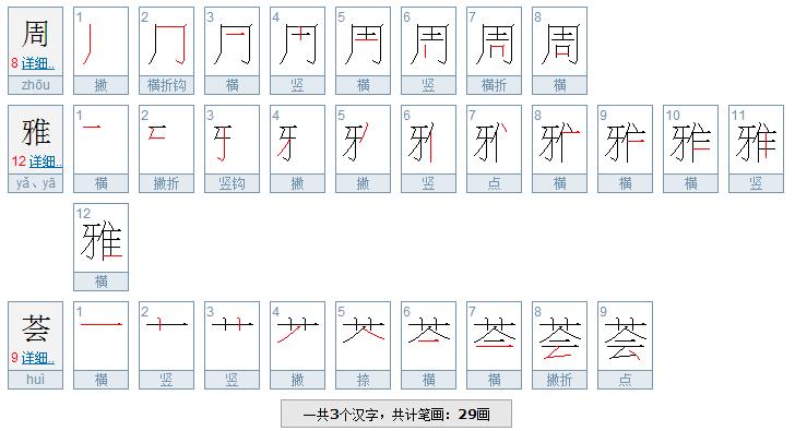 周雅荟3个字共多少画多少笔画
