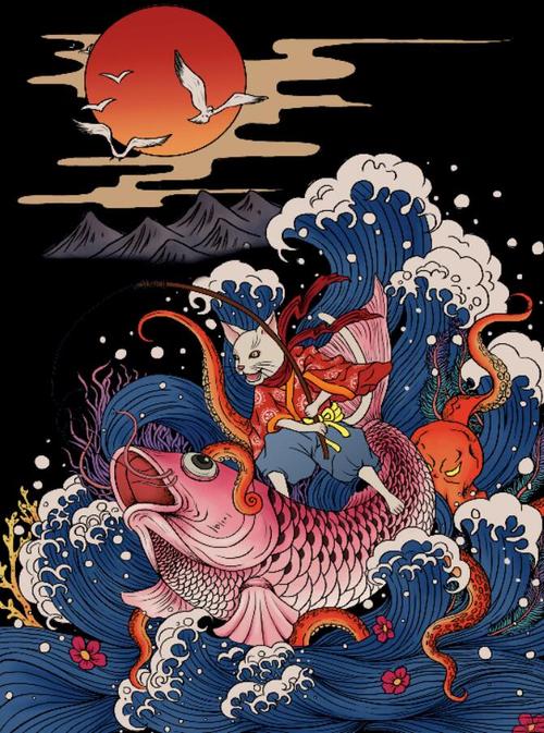 冲浪里日式浮世绘海浪挂布墙面背景装饰画布挂毯沙滩巾桌布日式浮世绘