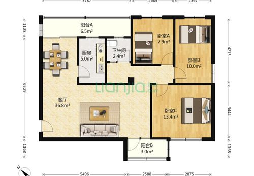 深圳紫薇花园3室1厅1卫95平米户型图