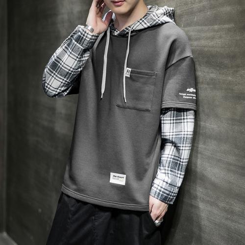 长袖青年套头拼料格子上衣外套韩版帅气学生贴袋宽松体恤男装衣服2020