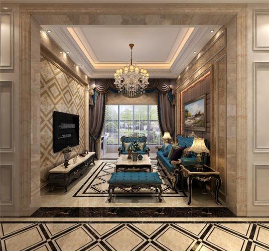 恒大雅苑140平欧式风格前期效果图设计效果,客厅全景效果图展示.