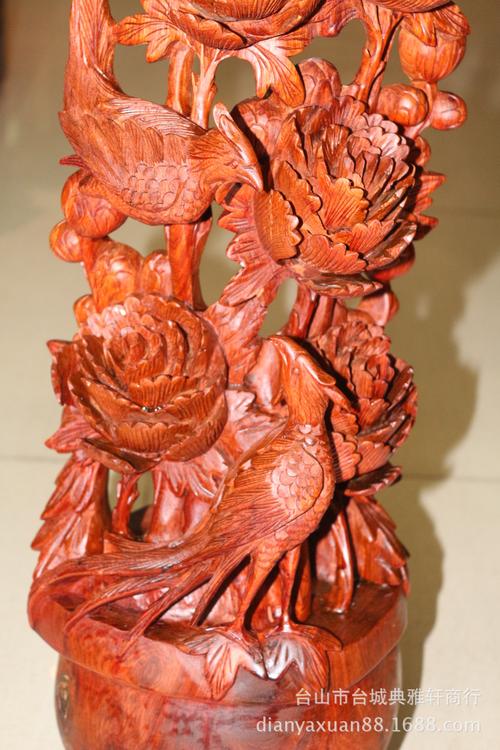 红木雕刻花开富贵 整木全手工雕刻缅甸花梨木牡丹花