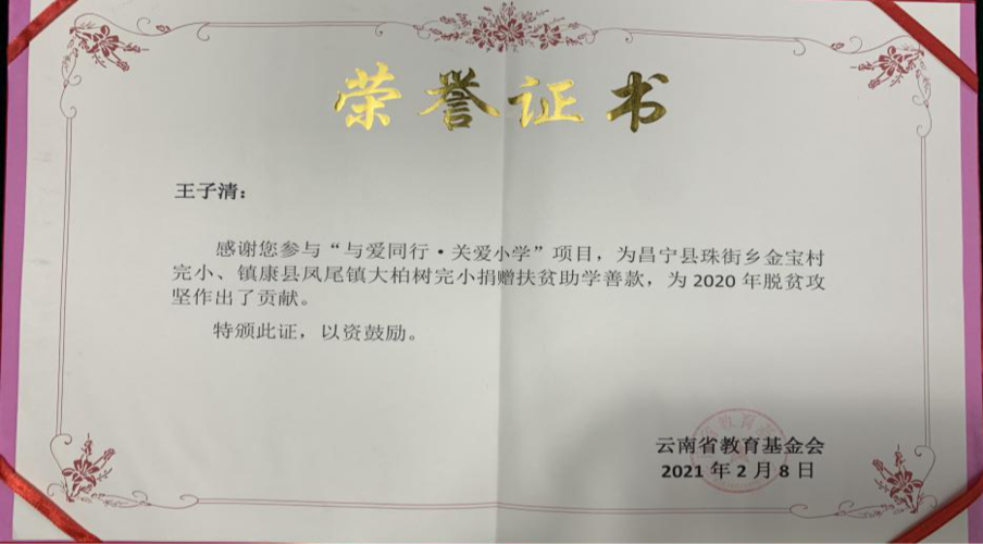 王子清荣获云南省教育基金会颁发荣誉证书