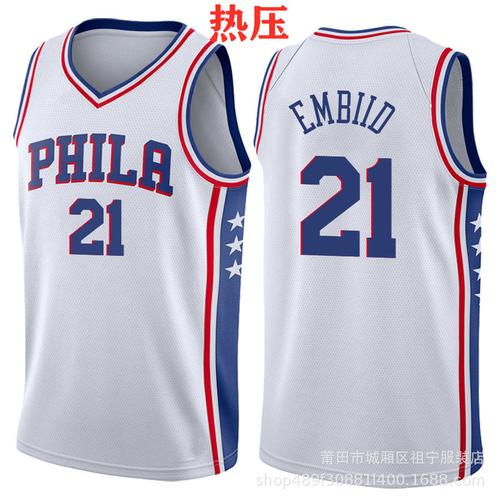 现货nba热印球衣批发 76人队 21号恩比德球衣 热压版篮球服