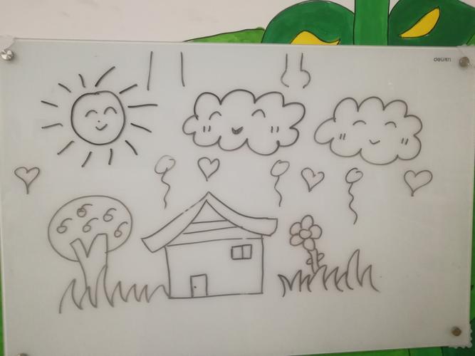 太阳白云树房子小草