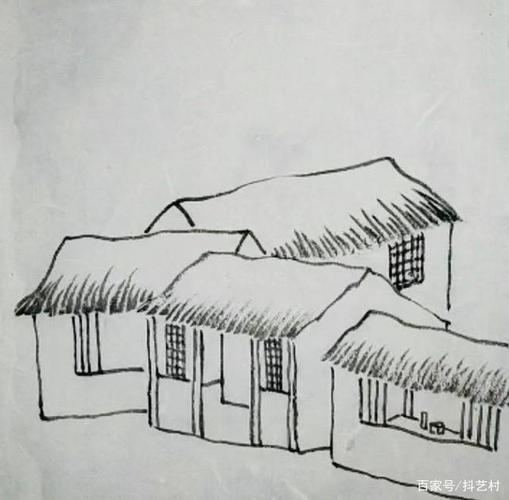 可以增加茅草的质感,然后在用干笔侧锋,擦皴茅草屋的墙体,让茅草屋看