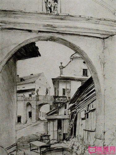风景素描作品,斑驳的建筑