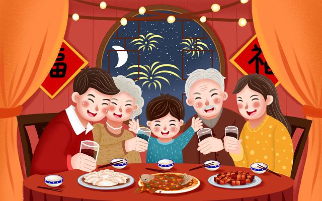 全家福彩色卡通手绘2021新年春节除夕一家人聚餐年夜饭原创插画海报
