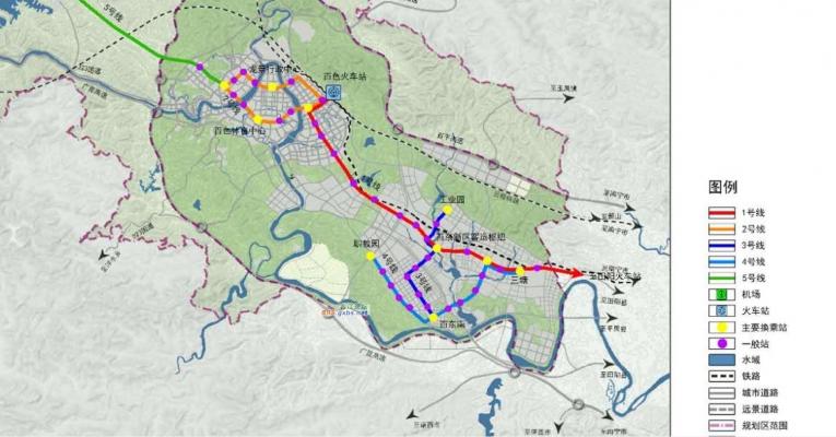 2035年百色基本规划实现5条轻轨穿梭主城区,百东和田阳区之间.