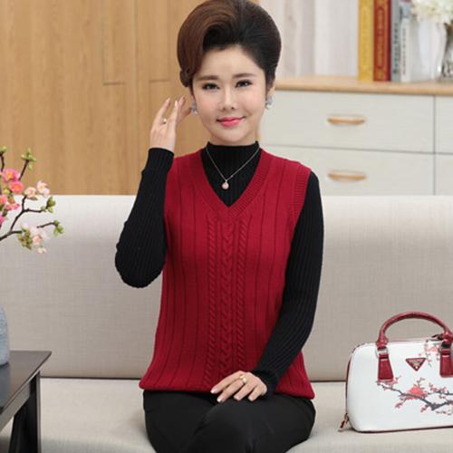 迪鲁奥diluao品质女装中老年女装针织鸡心领羊毛背心女妈妈加厚坎肩