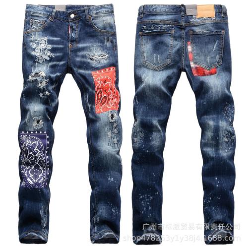 欧美高端潮牌dsq2拼接色贴布刺绣梅花多位破洞吊磨工艺牛仔裤男