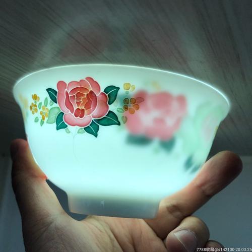 醴陵瓷器釉下五彩手绘大球泥月季花毛瓷碗薄胎收藏