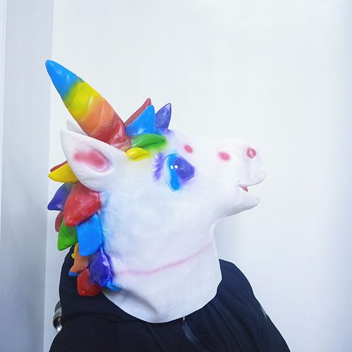 独角兽面具彩虹独角兽头套七彩马头万圣节动物头套