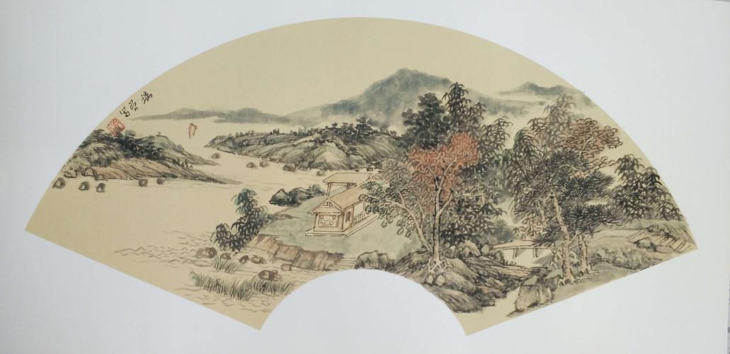 秋窗读易国画山水扇面小品