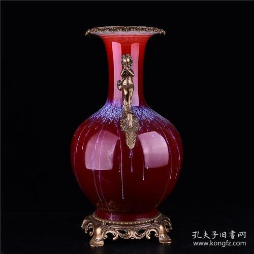 欧洲回流瓷祭红窑变雪花蓝赏瓶镶铜口铜地双铜耳古董古玩古瓷器规格46
