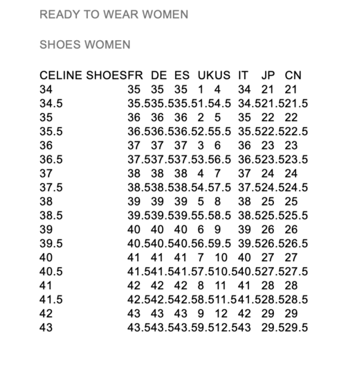 celine 赛琳女子穆勒鞋-xssml品牌尺码表大全_对照表_选码助手_查码