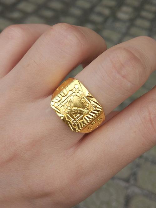 老凤祥同款足金9包银老板戒指霸气大金方戒男士活口指环送长辈礼物 金