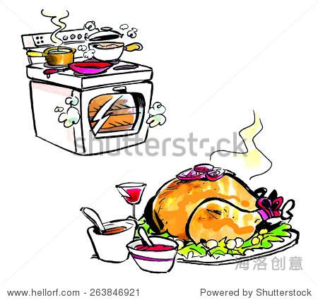 dishes simmering on the stove and a cooked turkey