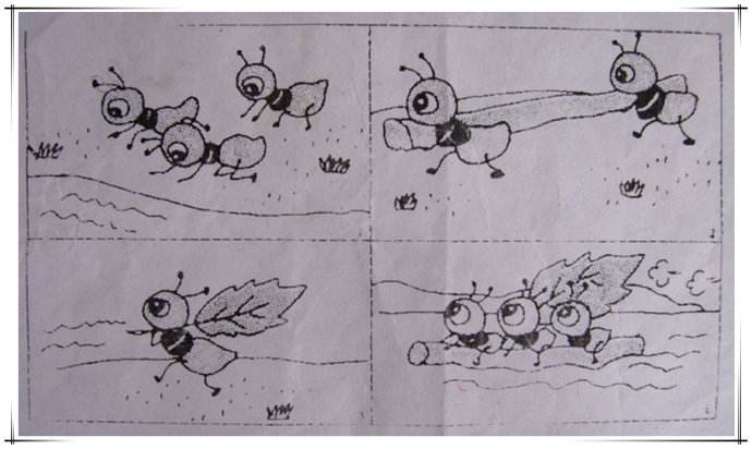 到了中午,小蚂蚁们准备回家和爸爸妈妈一起吃饭,可是,一条小河挡住了