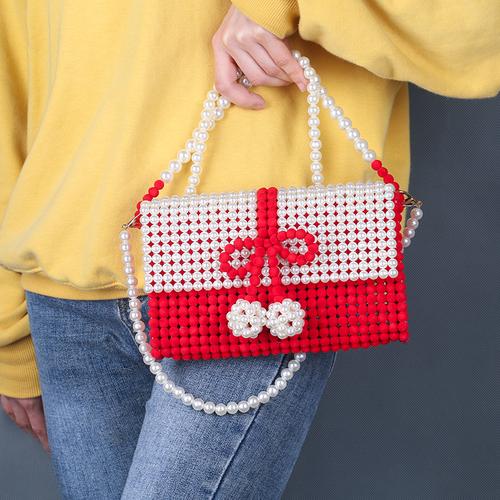 手工diy串珠翻盖蝴蝶结珍珠包包横款仙女女包通用款女包