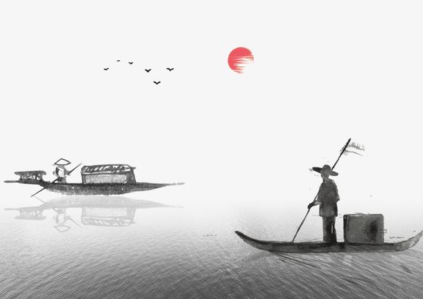 古风海上夕阳下的渔民