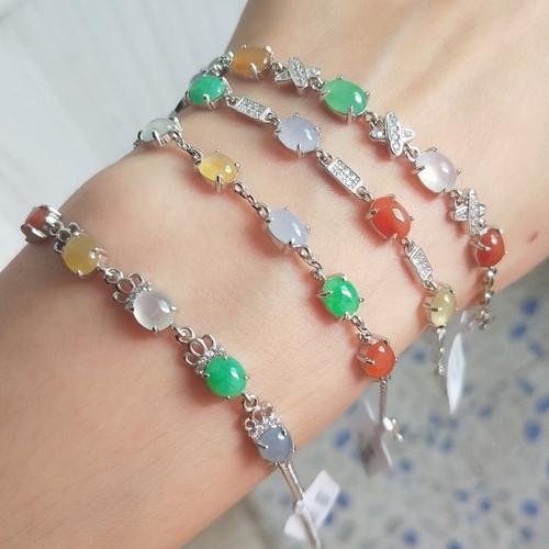 s925纯银镶天然缅甸翡翠a货翡翠手链红翡阳绿玉手镯百搭翡翠首饰