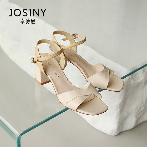 卓诗尼凉鞋时装趾女方头露一字高跟鞋仙女2021中跟