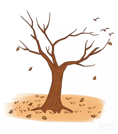 07用线条丰富细节,画出一些枯叶,树干上的树皮的纹理,和地上的草.