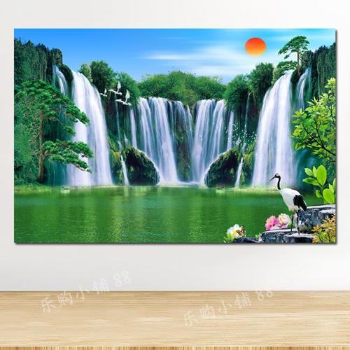 山水风景画海报招财生财瀑布自然风景挂画河流树林森林装饰贴墙画