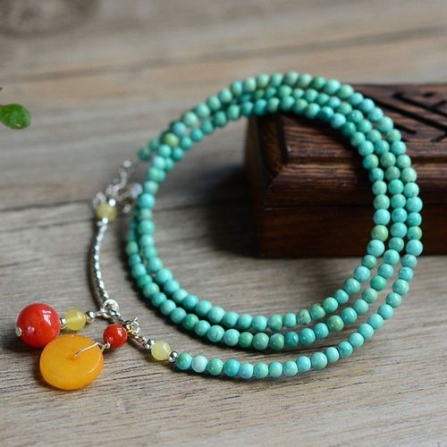 天然湖北原矿绿松石手串搭配南红玛瑙蜜蜡吊坠s925银